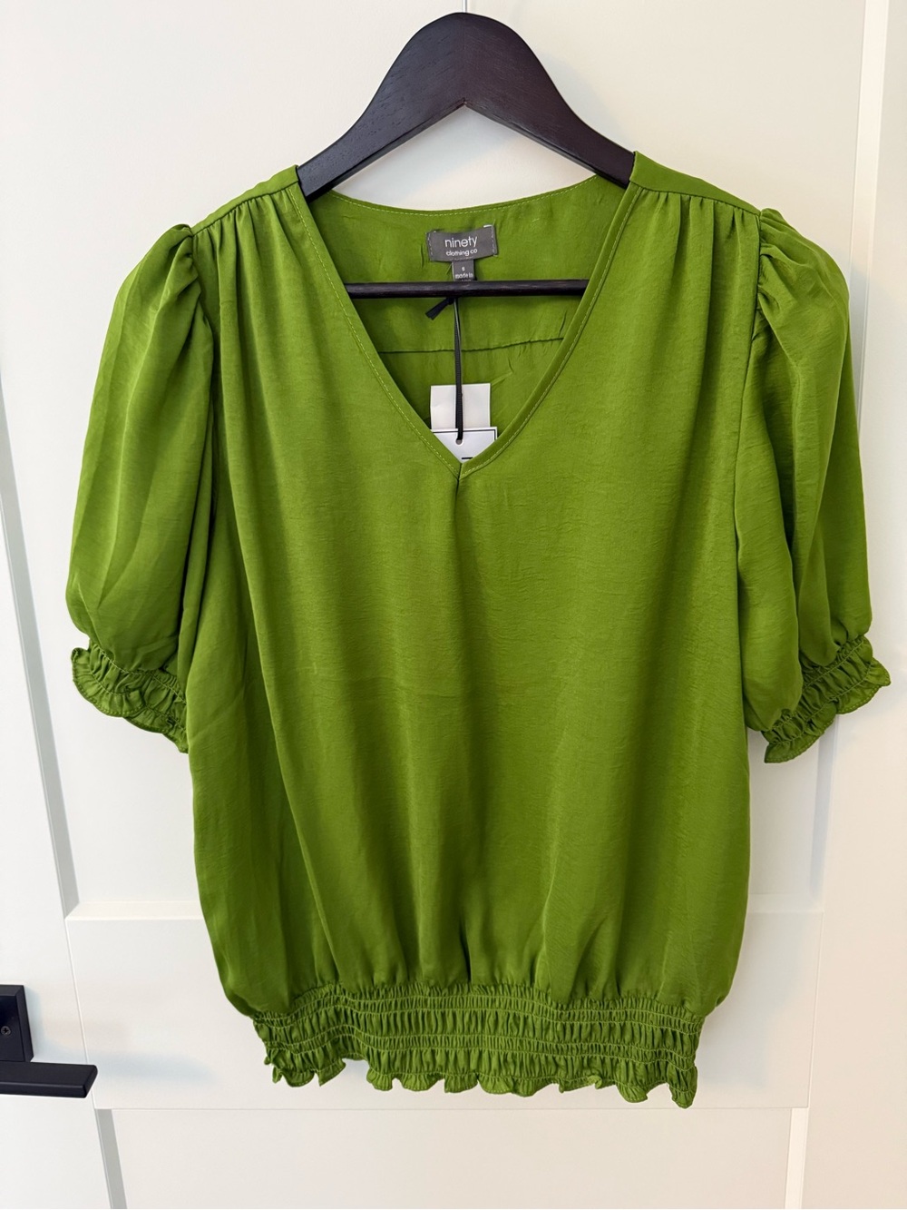Ninety Olive Green V-Neck Puff Sleeve Blouse